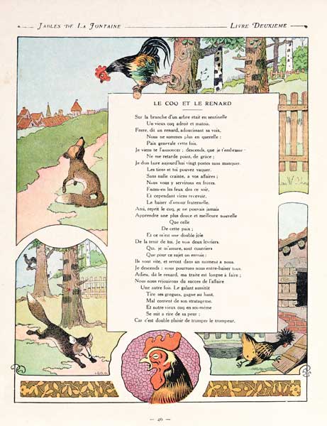The cockerel and the fox, illustration from ''Fables'' Jean de la Fontaine, 1906 edition à (d'après) Benjamin Rabier