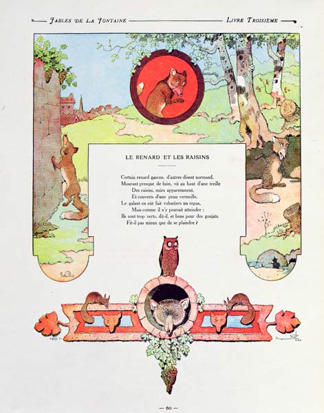 The fox and the grapes, illustration from ''Fables'' Jean de la Fontaine, 1906 edition à (d'après) Benjamin Rabier