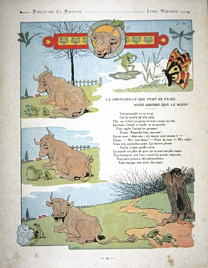 The frog who wanted to be as fat as the bull, illustration from ''Fables'' Jean de la Fontaine, 1906 à (d'après) Benjamin Rabier