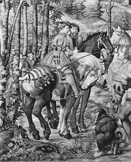 The Hunts of Maximilian, Leo, The Stag Hunt, the Report, Gobelins Factory (tapestry) à (d'après) Bernard van Orley