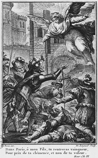 Siege of Paris, apparition of St. Louis (1214-70) to Henri IV (1553-1610) ; engraved by Joseph de Lo à (d'après) Charles Joseph Dominique Eisen