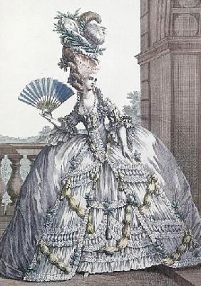 Woman wearing a stylish dress with her hair ''A la Victoire''; engraved by Voysand