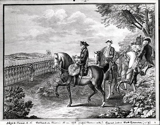 King Frederick II of Prussia (1712-86) reviewing the troops in 1778 à (d'après) Daniel Nikolaus Chodowiecki