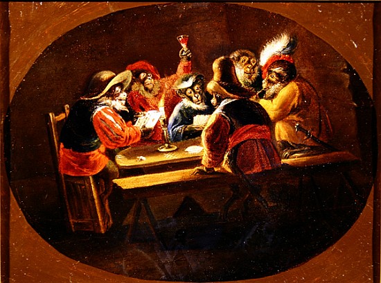 Monkeys dressed as soldiers playing cards and carousing à (d'après) David le Jeune Teniers