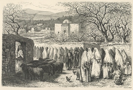 Marabout and Procession: Tlemcen; engraved by Henri Theophile Hildibrand (1824-97) à (d'après) Edouard Riou