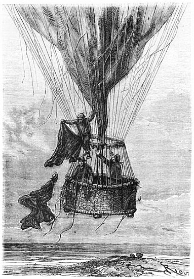 Three Men in a Gondola, illustration from ''Five Weeks in a Balloon'' Jules Verne (1828-1905) à (d'après) Edouard Riou