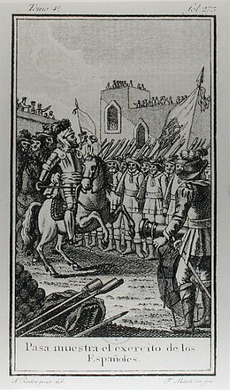 Hernando Cortes (1485-1547) Reviewing his Troops; engraved by Antonio Rodriquez à (d'après) F. Marti