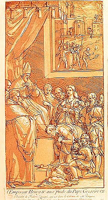 Emperor Henri IV (1050-1106) at the feet of Pope Gregory VII (1020-85) ; engraved by Nicolas Le Sueu à (d'après) Federico Zuccari ou Zuccaro