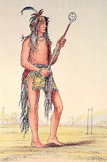 Sioux ball player Ah-No-Je-Nange, ''He who stands on both sides'' (hand-coloured litho) à (d'après) George Catlin