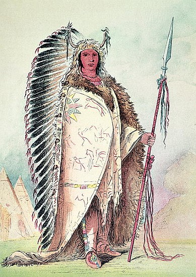 Sioux chief, ''The Black Rock'' (hand-coloured litho) à (d'après) George Catlin