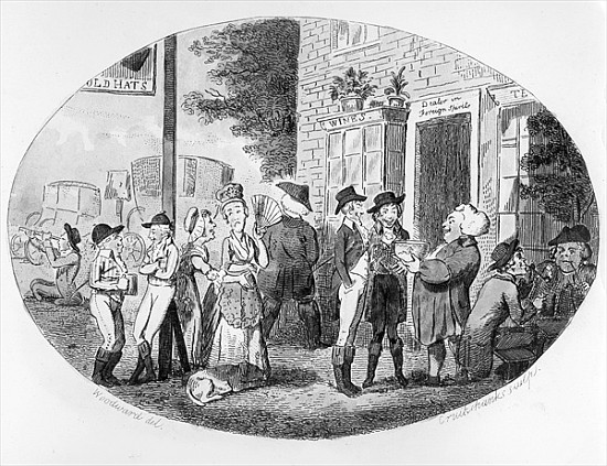 Outside the Old Hats Tavern; engraved by Isaac Cruikshank à (d'après) George Moutard Woodward