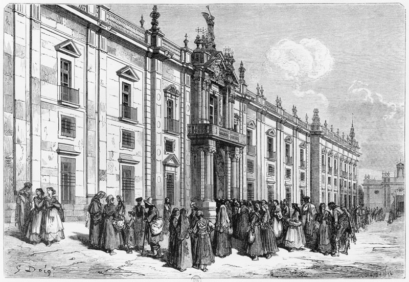 The tobacco factory at Seville; engraved by Charles Laplante (d.1903) à (d'après) Gustave Dore