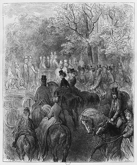 Carriages and riders at Hyde Park, illustration from ''Londres'' Louis Enault (1824-1900) 1876; engr à (d'après) Gustave Dore