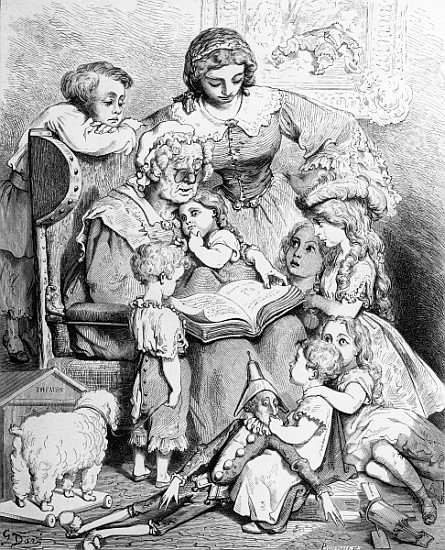 Grandmother telling a story to her grandchildren, illustrated title page from ''Les contes de Perrau à (d'après) Gustave Dore
