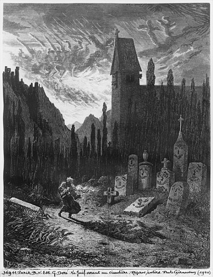 The Wandering Jew in the cemetery; engraved by Octave Jahyer (b.1826) à (d'après) Gustave Dore