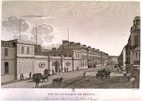 The Bank of France from Rue Croix-Petits-Champs; engraved by Eugene Dubois à (d'après) Henri Courvoisier-Voisin
