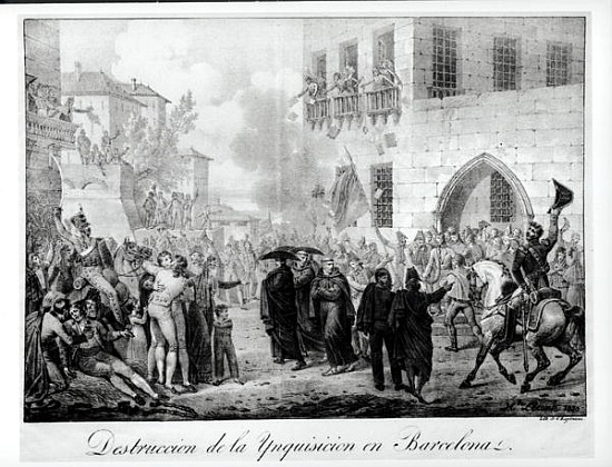 Destruction of the Inquisition in Barcelona, 10th March 1820; engraved by Godefroy Engelmann (1788-1 à (d'après) Hippolyte Lecomte