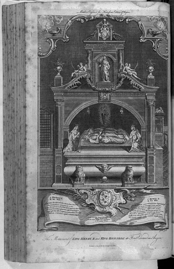The Monument to Henry II and Richard I in Fontevrault Abbey; engraved by John Goldar à (d'après) Hubert Gravelot