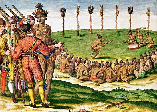 Indian Victory Ceremony, from ''Brevis Narratio..''; engraved by Theodore de Bry (1538-98) published à (d'après) Jacques (de Morgues) Le Moyne