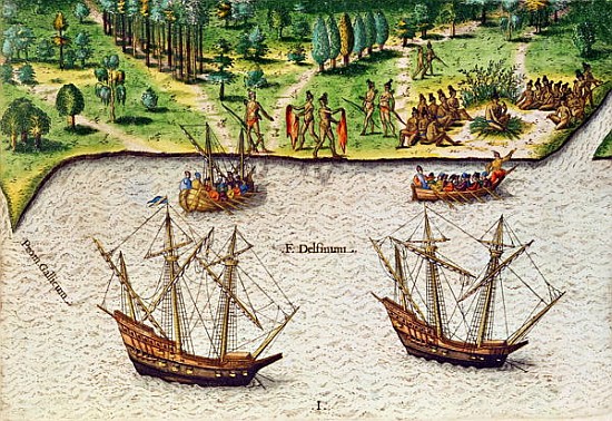 The Cape of Florida (Gallicum) and the Dolphin River (Fleuve Delphinium) from ''Brevis Narratio''; e à (d'après) Jacques (de Morgues) Le Moyne