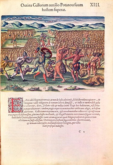 The French Help the Indians in Battle, from ''Brevis Narratio..''; engraved by Theodore de Bry (1528 à (d'après) Jacques (de Morgues) Le Moyne