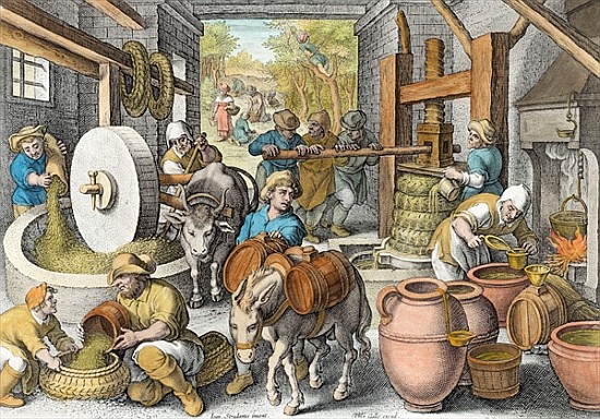 The Production of Olive Oil, plate 13 from ''Nova Reperta'' (New Discoveries) ; engraved by Philip G à (d'après) Jan van der (Giovanni Stradano) Straet