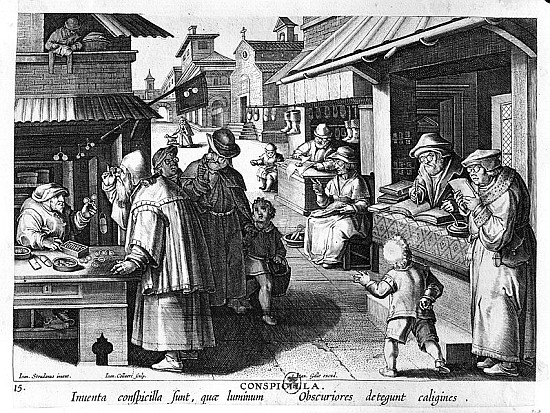 The Spectacles Seller; engraved by Jan Collaert and Joan Galle (1600-76) à (d'après) Jan van der (Giovanni Stradano) Straet