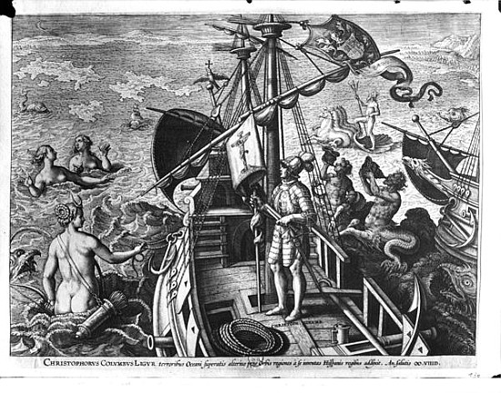Christopher Columbus (1451-1506) on board his caravel, discovering America à (d'après) Jan van der (Joannes Stradanus) Straet