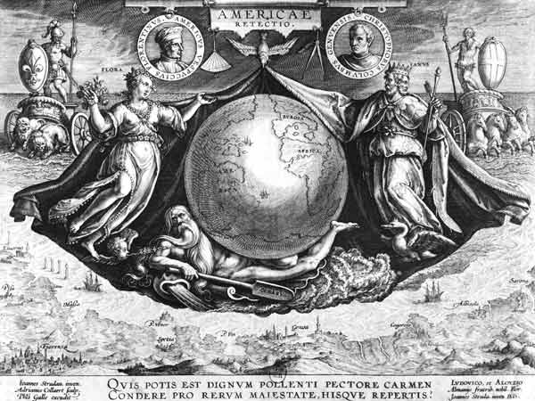 Discovery of America with portraits of Amerigo Vespucci (1454-1512) and Christopher Columbus (1451-1 à (d'après) Jan van der (Joannes Stradanus) Straet