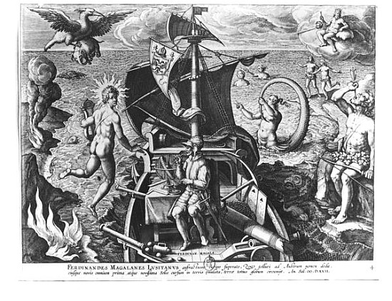 Ferdinand Magellan (c.1480-1521) on board his caravel à (d'après) Jan van der (Joannes Stradanus) Straet