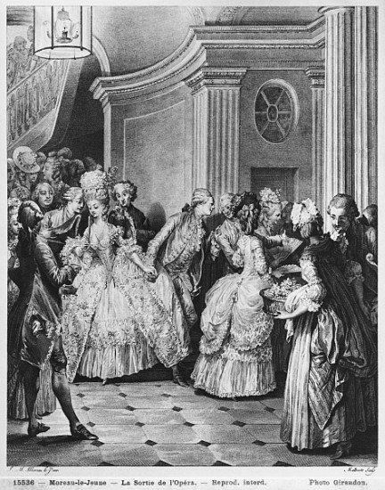 Coming out of the Opera; engraved by Georges Malbeste or Malbete (1743-1809) à (d'après) Jean Michel le Jeune Moreau