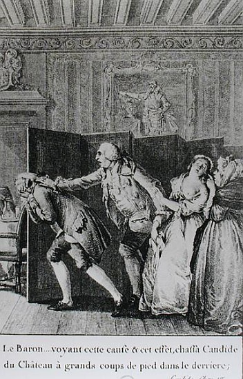 Le Baron...chassa Candide du Chateau a grands coups de pied dans le derriere'', illustration from ch à (d'après) Jean Michel le Jeune Moreau