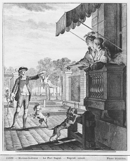 Taking up a bet; engraved by Camligue (fl.1785) c.1777 à (d'après) Jean Michel le Jeune Moreau
