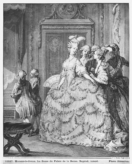 The lady at the Palais de la Reine; engraved by Pietro Antonio Martini (1739-97) à (d'après) Jean Michel le Jeune Moreau