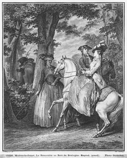 The meeting at the Bois de Boulogne; engraved by Heinrich Guttenberg (1749-1818) c.1777 à (d'après) Jean Michel le Jeune Moreau