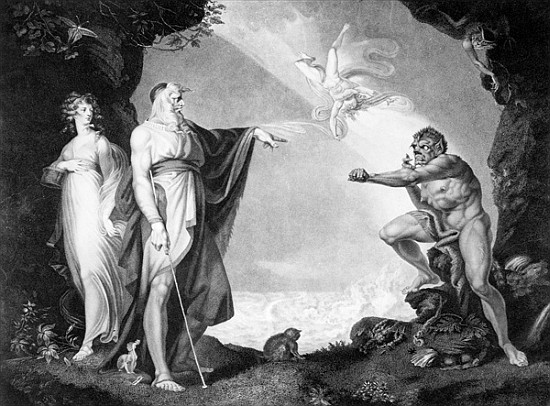 Prospero, Miranda, Caliban and Ariel, plate four from The Boydell Shakespeare Gallery; engraved by J à (d'après) Johann Heinrich) Henry (Fussli, Johann Heinrich) Fuseli