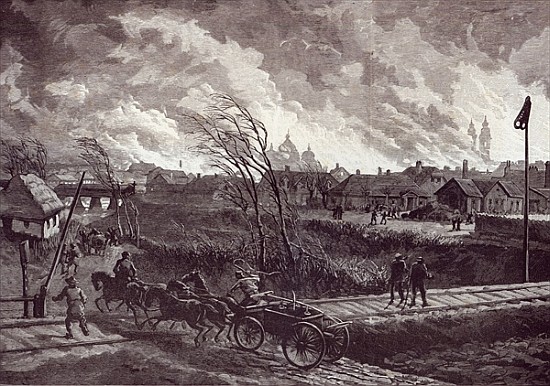 The burning of Stry, near Lemberg, from The Illustrated London News, 1st May 1845 à (d'après) Johann Nepomuk Schonberg