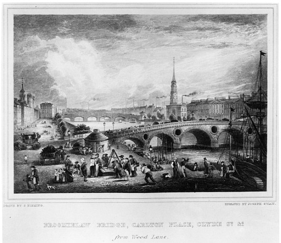 Broomielaw Bridge, Carlton Place, Clyde St., Glasgow; engraved by Joseph Swan à (d'après) John Fleming