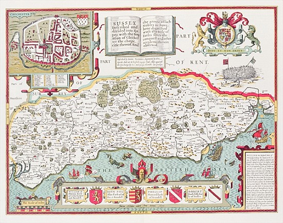 Sussex; engraved by Jodocus Hondius (1563-1612) from John Speed''s Theatre of the Empire of Great Br à (d'après) John Speed
