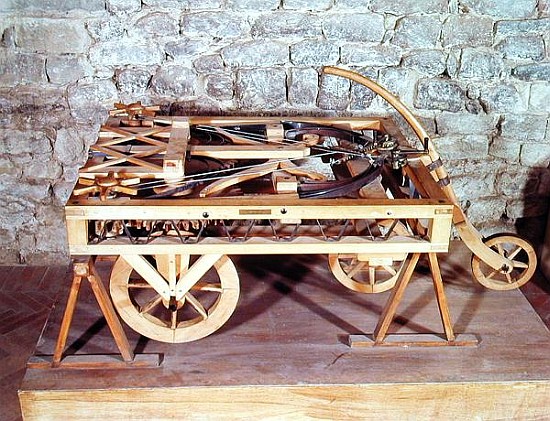 Model of a car driven springs, made from one of Leonardo''s drawings à (d'après) Leonardo da Vinci