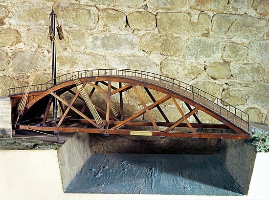 Model of a swing bridge made from one of Leonardo''s drawings à (d'après) Leonardo da Vinci