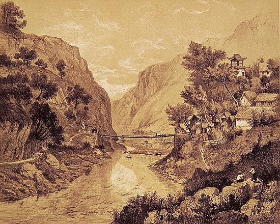 Suspension Bridge at Lao-Oua-Tan, Plate 46, from ''Exploration de l''Indochine, Vol.II''; engraved b à (d'après) Louis Delaporte
