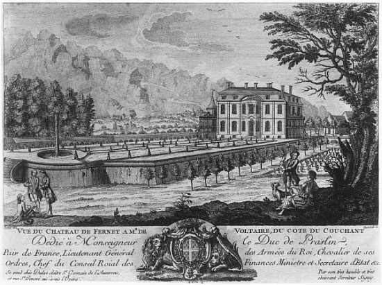 Voltaire''s house in Ferney, west side; engraved by Francois, Maria, Isidore Queverdo (1748-97) à (d'après) Louis Signy