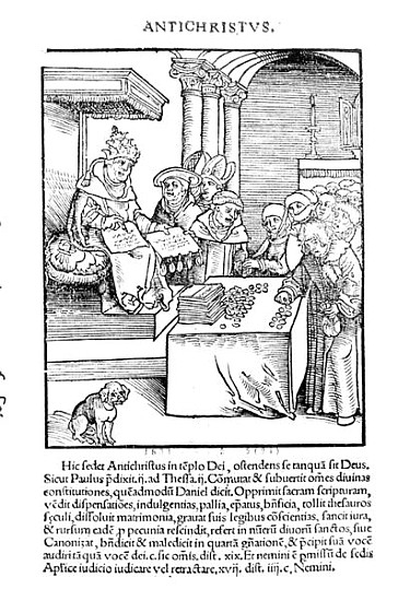 The Pope selling Indulgences from ''Passional Christi und Antichristi'' Philipp Melanchthon, publish à Lucas Cranach l'Ancien (école ou environnement)