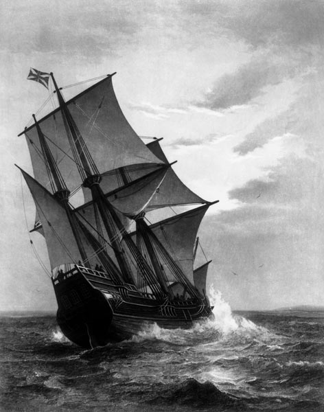 The Mayflower; engraved by and pub. John A. Lowell, Boston à (d'après) Marshall Johnson