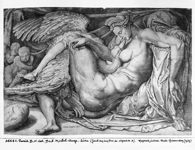 Leda; engraved by Jacobus Bos, Boss or Bossius (b.c.1520) à (d'après) Michelangelo Buonarroti