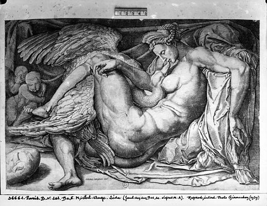 Leda; engraved by Jacobus Bos, Boss or Bossius (b.c.1520) à (d'après) Michelangelo Buonarroti