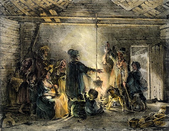 Interior of a Coal-Miner''s Hut; engraved by Godefroy Engelmann (1788-1839) 1829 à (d'après) Nicolas Toussaint Charlet