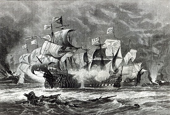 The Vanguard, under Sir William Winter, engaging the Spanish Armada, from ''Leisure Hour'' à (d'après) Oswald Walter Brierly