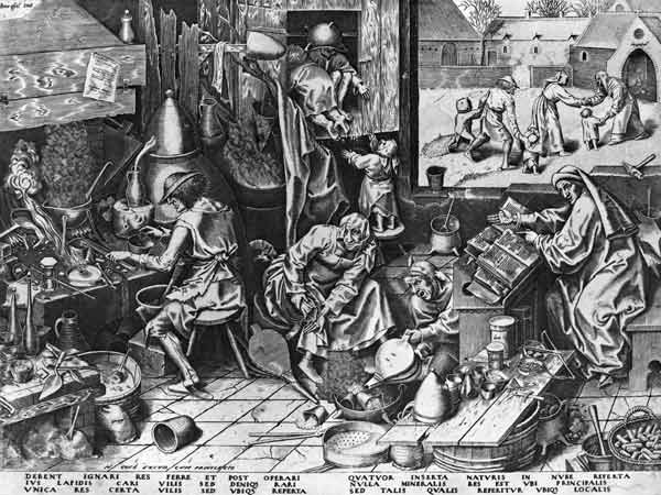 The Alchemist at work; engraved by Hieronymus Cock (c.1510-70) à (d'après) Pieter l'Ancien Bruegel